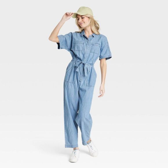 Women's Button Down Short Sleeve Jumpsuits Front Ties, Blue - Picture 3 of 3